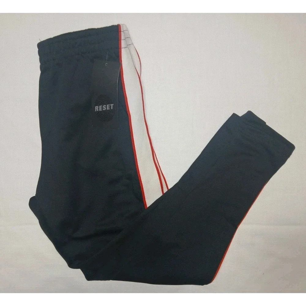 Reset Boys Tricot Track Pants Black White Red Side Stripe Sz 10/12